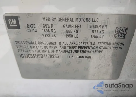 2013 Chevrolet Sonic Lt Auto из США, поврежденный, VIN 1G1JC5SH5D4179235